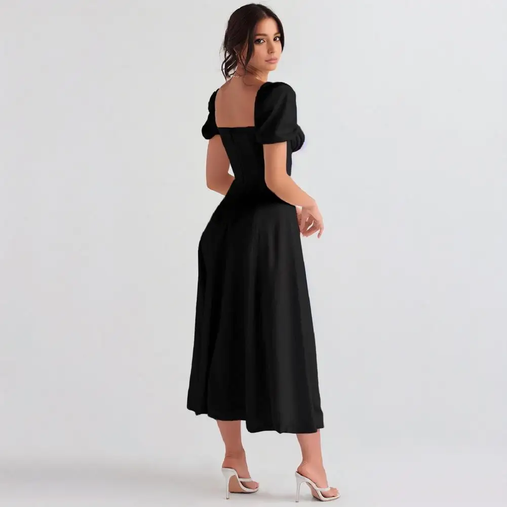 

Summer Midi Dress Elegant Square Neck Midi Dress with Tiered Ruffles Lace-up Strap Detail Women's A-line Pleated Dress for A