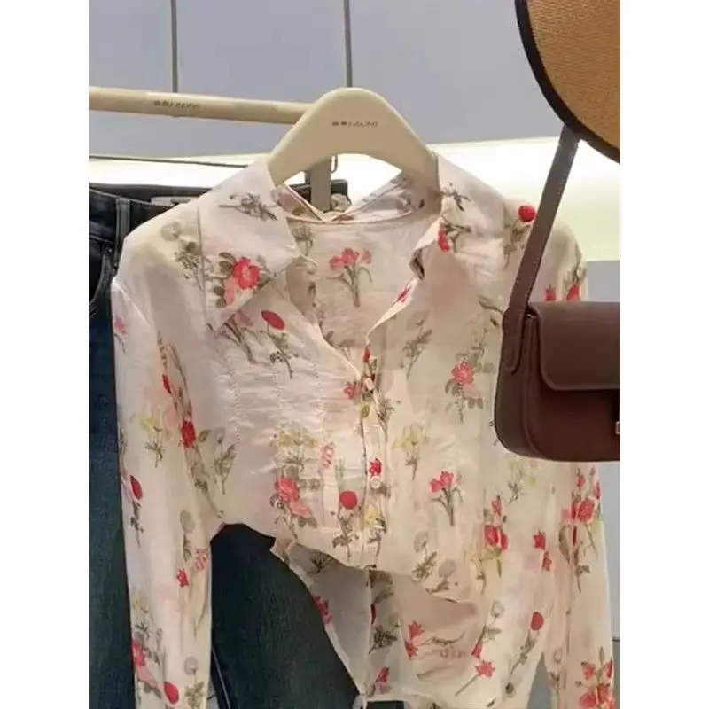 Women Stylish Vintage Floral Print Button Up Shirt Lapel Long Sleeve Loose Blouse Spring Summer Casual Pocket Chic Tops Camisas