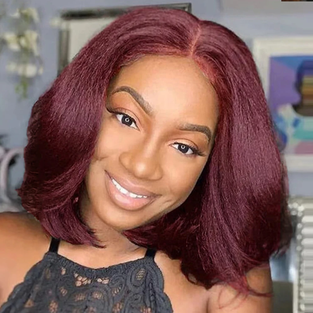 200% 99J Burgundy Kinky Straight Bob Wigs 13x4 Lace Frontal Human Hair Wig For Women Short Wine Red Color Yaki Straight Bob Wig
