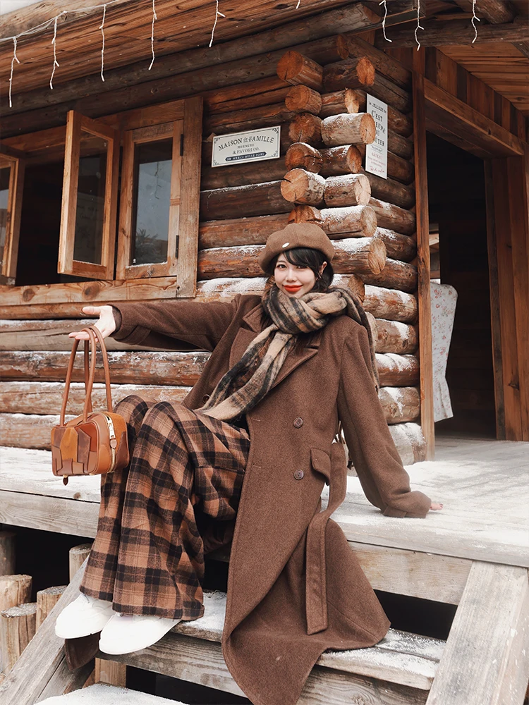 TIYIHAILEY Winter Women Outerwear Loose Coats Long Mid-Calf Wool Jacket Warm Trench Thick Turn Down Collar Brown Double Breasted