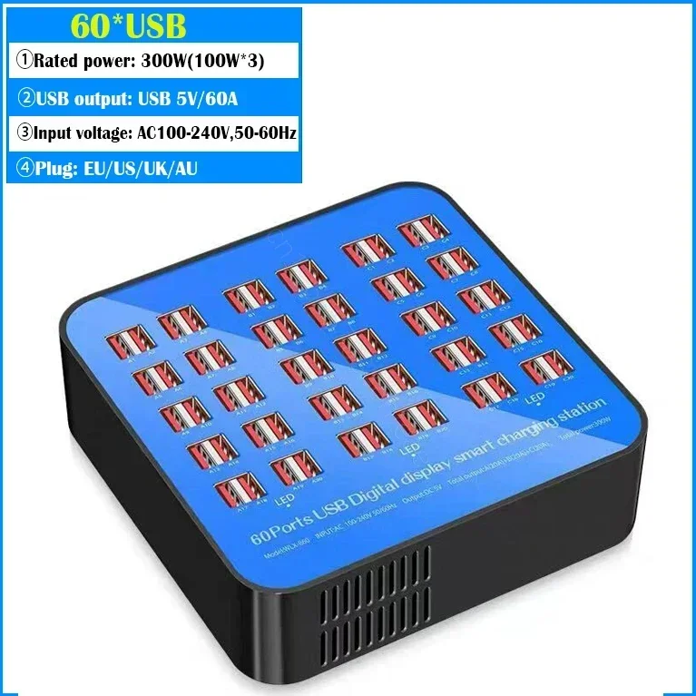 300W/200W/100W 10/20/40/60 Ports USB Charger Display For Android iPhone Adapter Multifunctional HUB Charging Station Dock Socket
