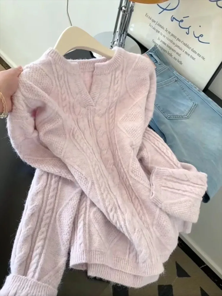 

Korean Sle V-Ne Knitted Sweater Women's Winter Soft Loose Long Sve Top Pastel Pink Comfortable Faion New Arrival