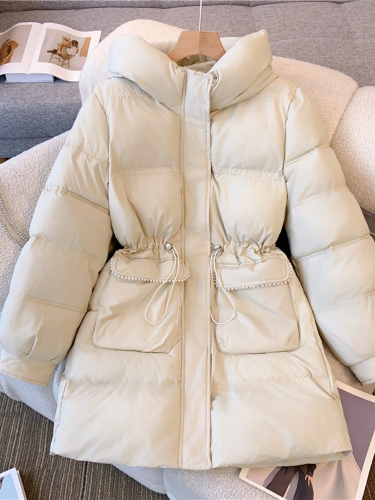Women's Winter Thickened Hooded down Cotton Jacket Drawstring Waist Breadth Coat Korean Style Long Sleeve round Neck Coat