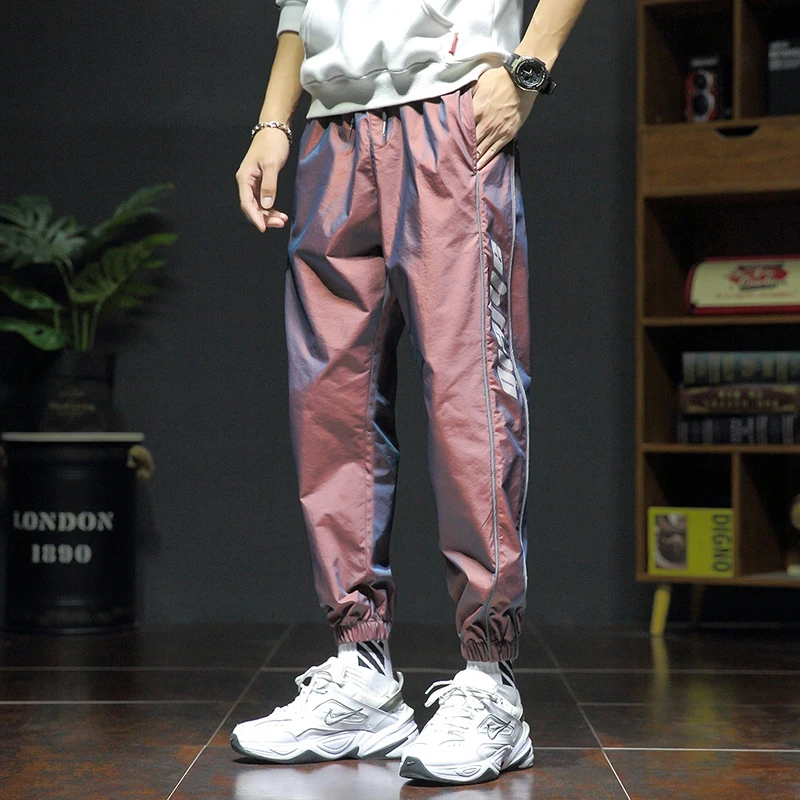 Fall 2024 fashionable casual pants men's chameleon reflective stripe print elastic tight leg individual casual pants men