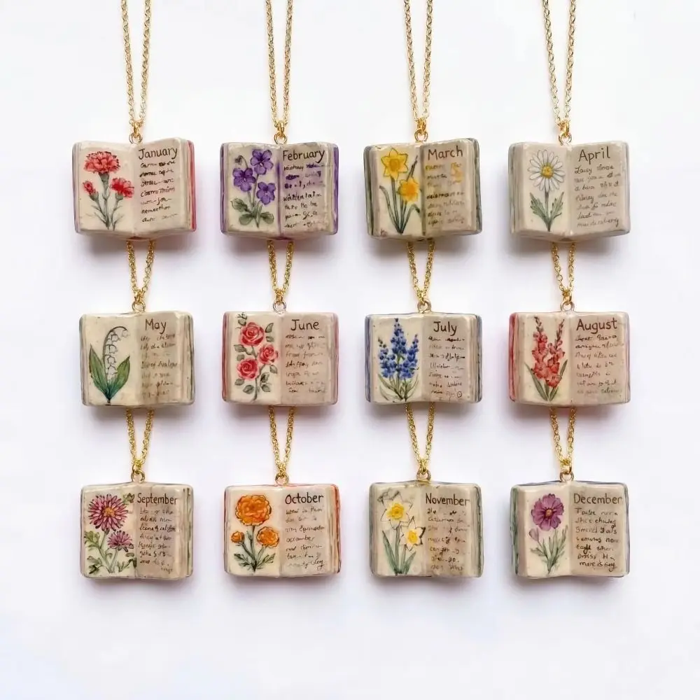 Antique Porcelain Book Pendant Necklace Vintage Style Copper Design Pendant Necklace Design Sense Hand-painted