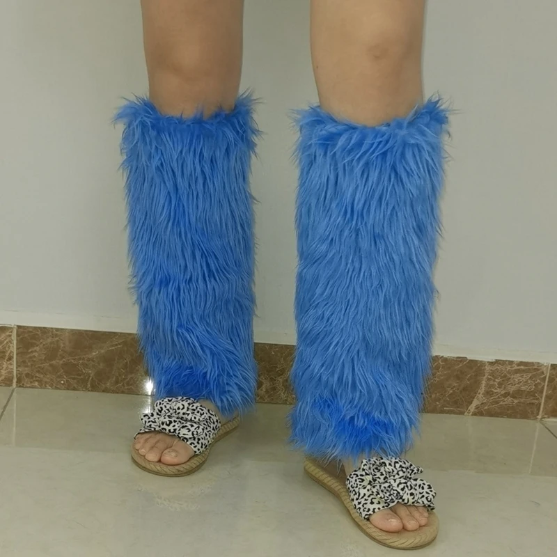 Модные плюшевые гетры синего цвета с меховыми манжетами для ботинок, чехол для ног для зимней моды