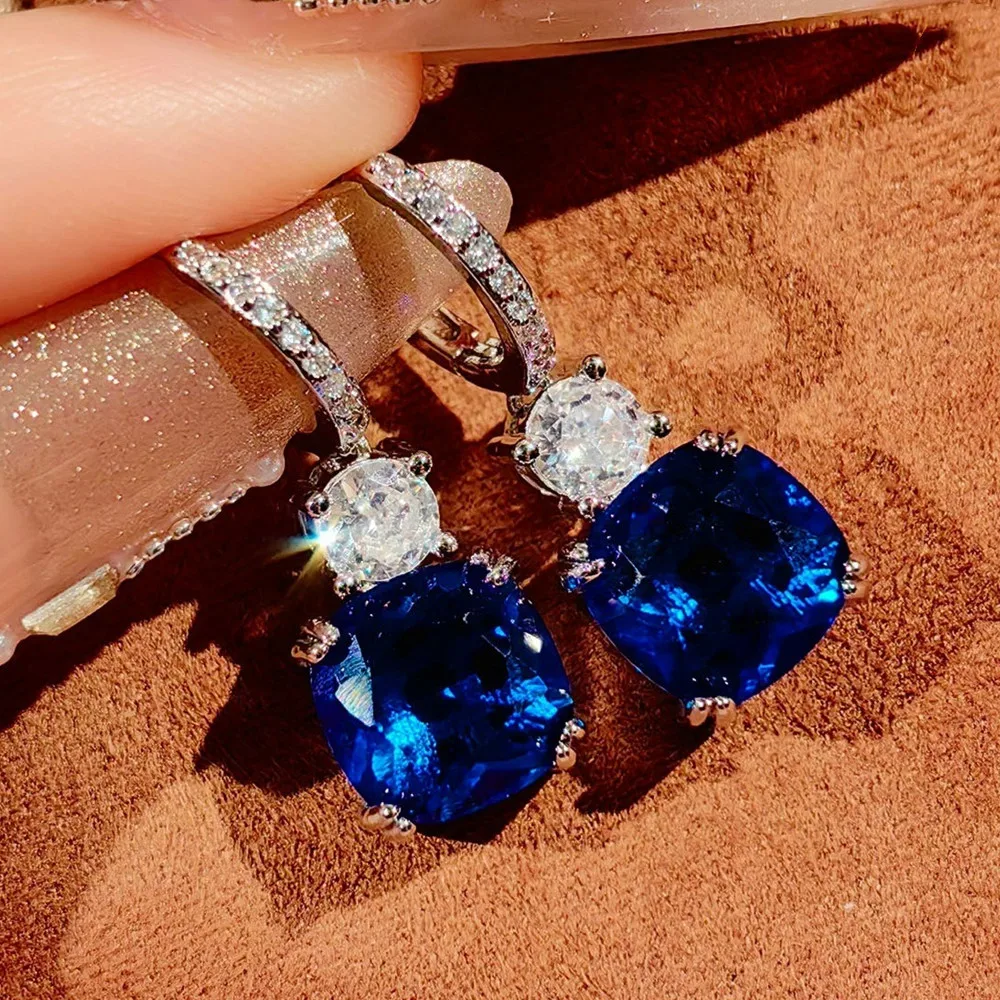 

Square Blue Sapphire Gemstones Diamonds Elegant Drop Earrings for Women 18K White Gold Filled Sterling Silver 925 Jewelry Gifts