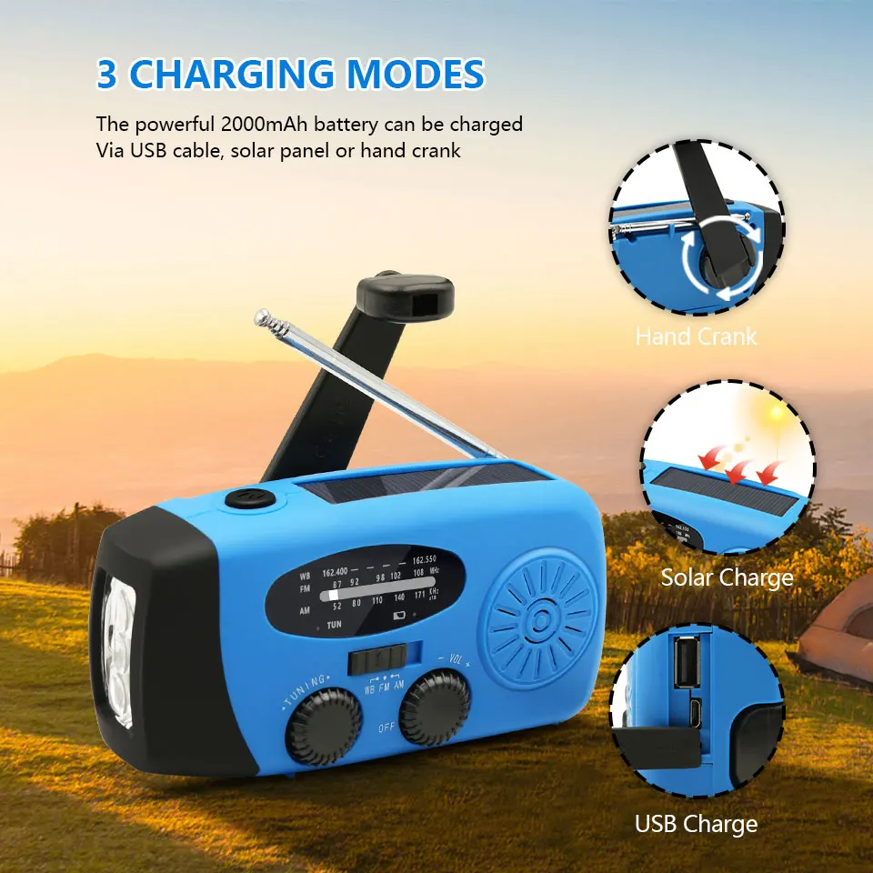 2000mAh AM/FM/NOAA Emergency Weather Radio Hand Crank Solar Weather Radio Portable Power Bank with Solar Charging Battery Opera