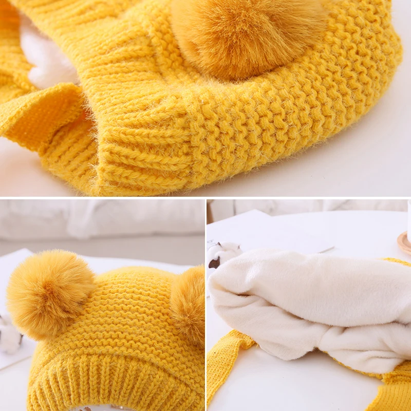 Double Pompom Baby Hat Warm Knitted Kids Girl Boy Autumn Winter Bonnet Hat Solid Color Ear Protection Children Beanie Cap Unisex