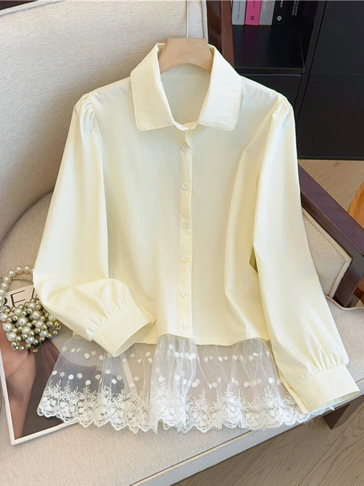 Chemises et chemisiers blancs en dentelle Patchwork pour femmes, Y2k des années 90, Vintage coréen Harajuku des années 2000, chemise élégante à manches longues, vêtements poubelle