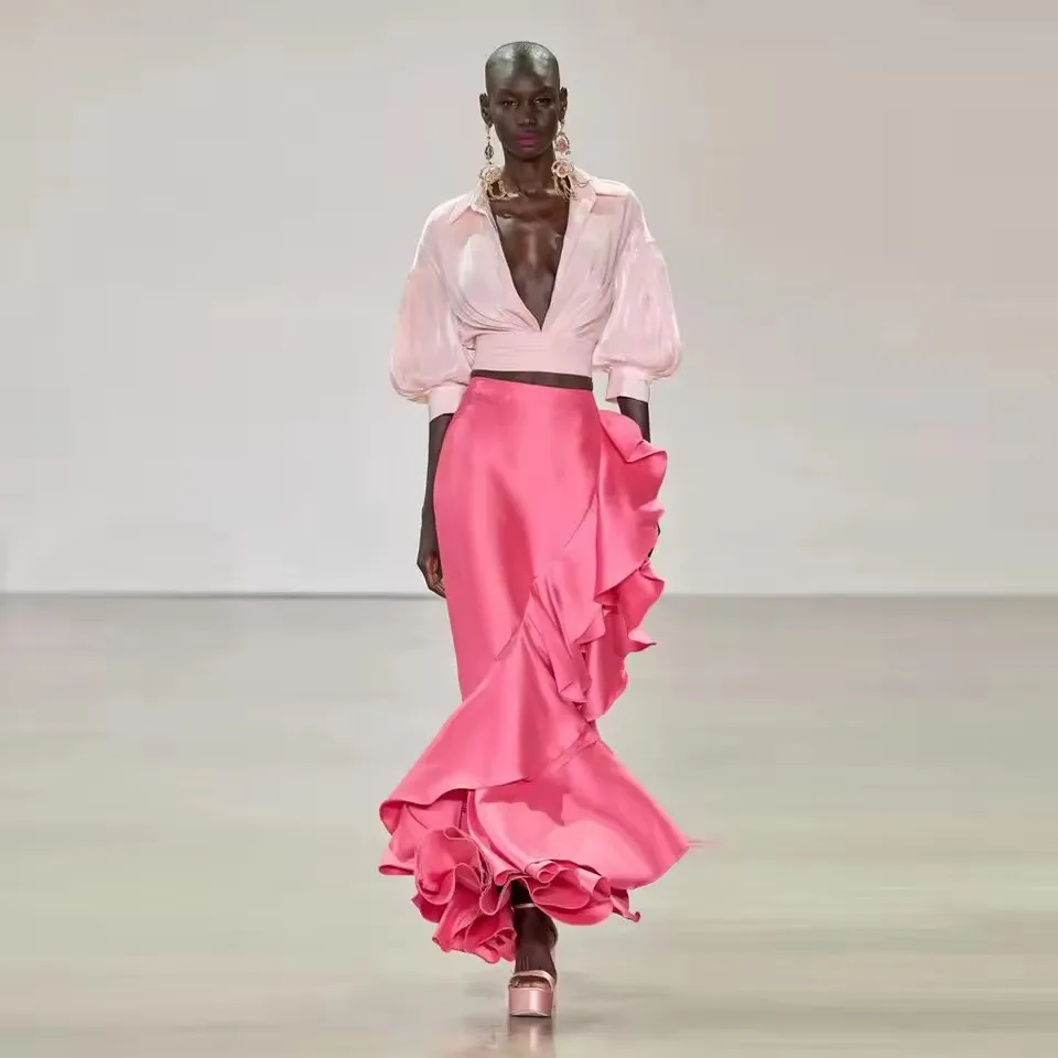 

Очаровательная розовая длинная юбка русалки, женские юбки до щиколотки на молнии на талии, повседневные макси-юбки Saias Femme