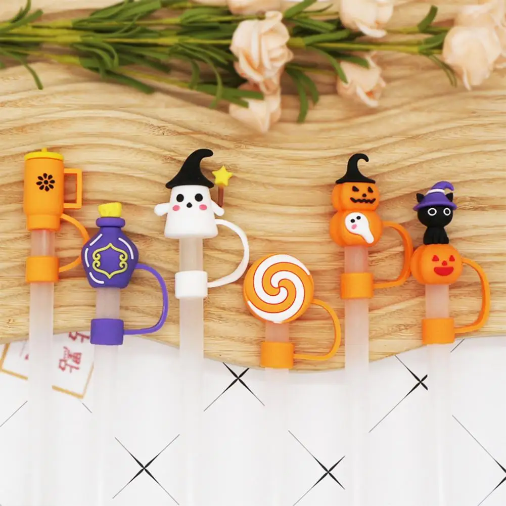 Ghost Pumpkin Straw Toppers Silicone Straw Cap Spooky Halloween Silicone Straw Hat Tumbler Covers Ghost for Water for 10mm