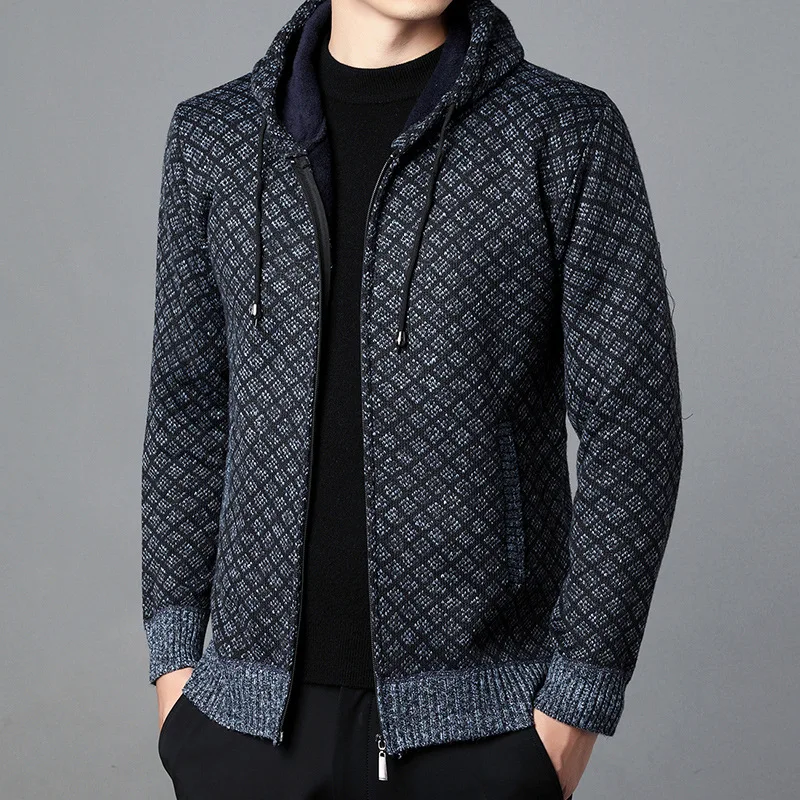 

2025 Men's Autumn and Winter Casual Hooded Checked Cardigan, Sweater