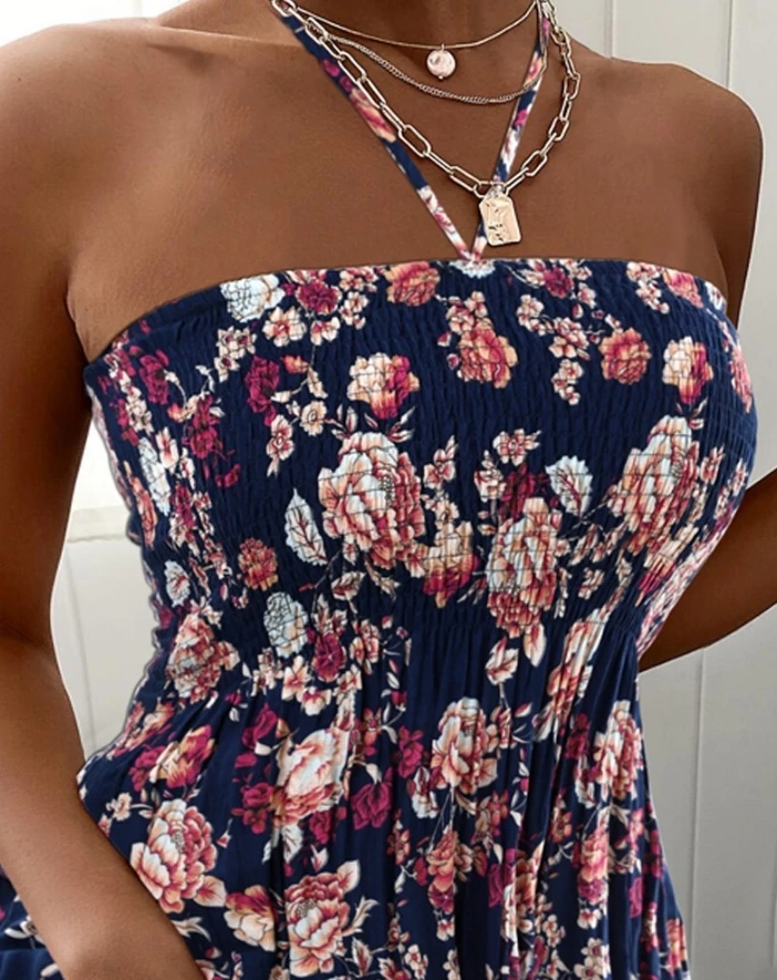 Women's Vintage Dress 2024 Spring Latest Boho Floral Print Shirred Halter Sleeveless Beach High Waist Wrap Hip Short Skirt