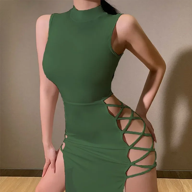 Sexy Bodycon Mock Hals Mouwloze Jurk Vrouwen Kleding Kriskras Cross Uitgesneden Jurk