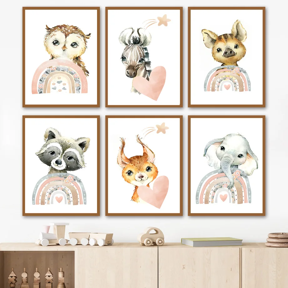 Watercolor Elephant Lion Giraffe Tiger Rhino Nursery Wall Art Print Canvas Painting Boho Owl Poster Picture Baby Kids Room Decor