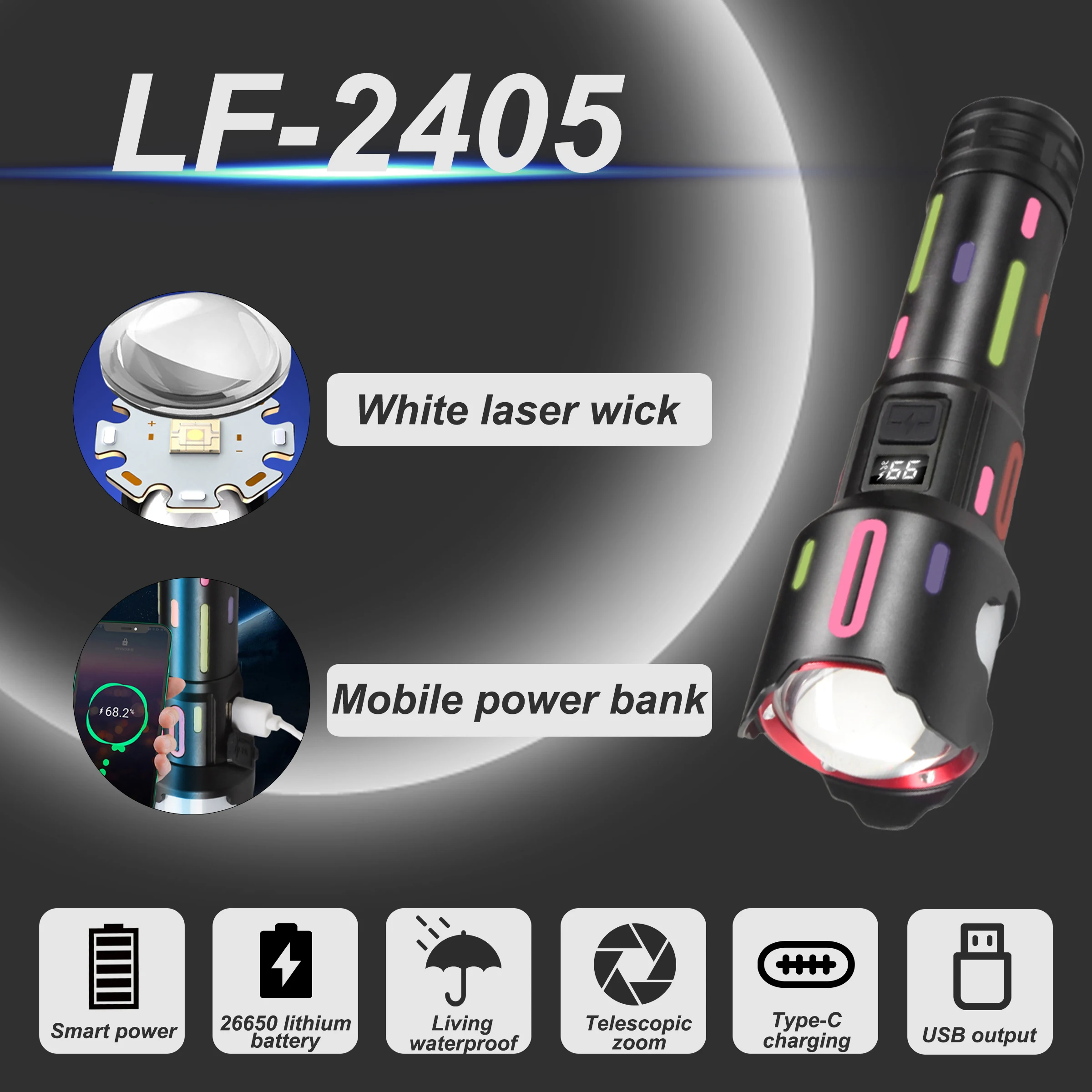 Torcia fluorescente ricaricabile, con ricarica di tipo C, impermeabile IP65, batteria 26650