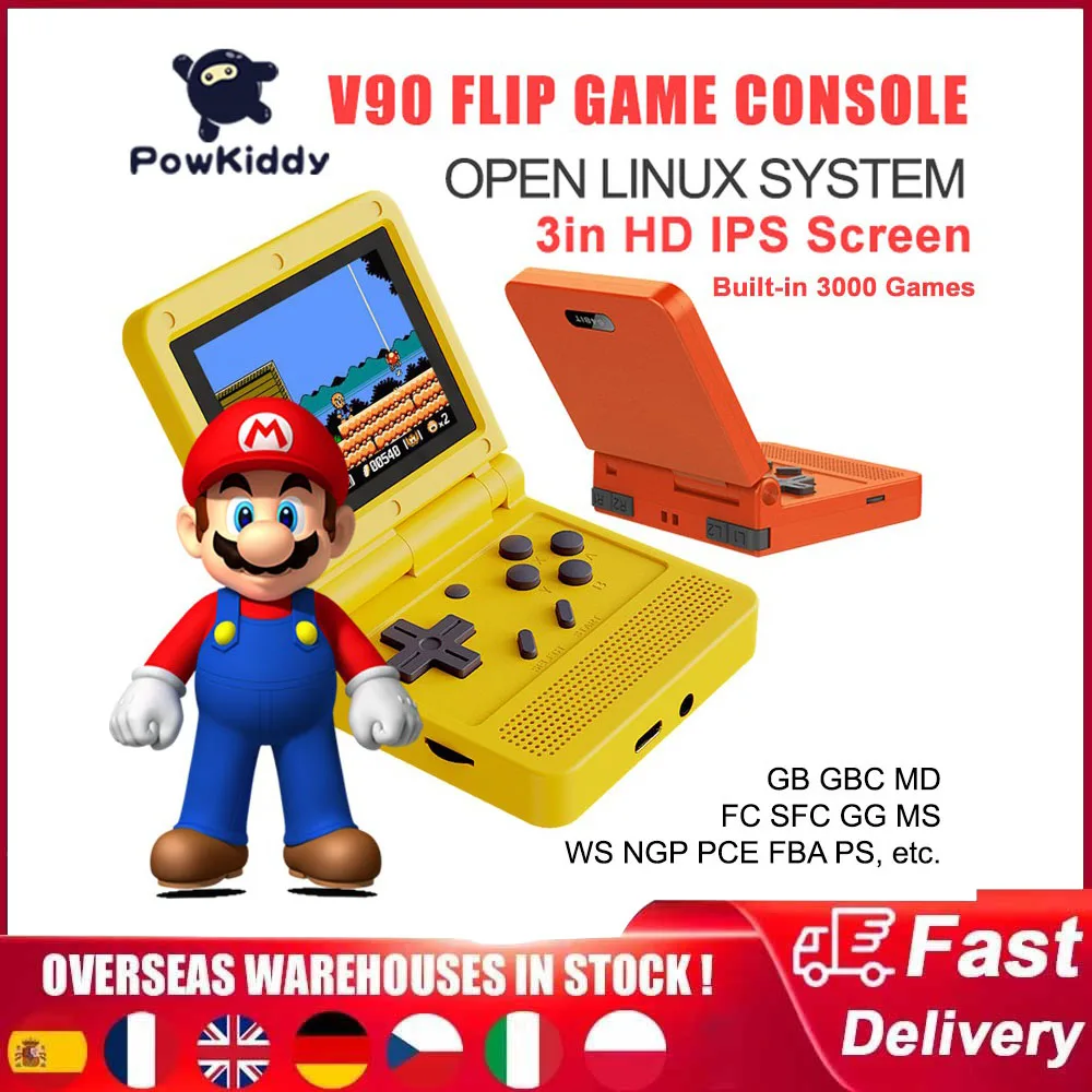 POWKIDDY v90 handheld game console with 3 inch IPS screen open system PS1 16 emulator