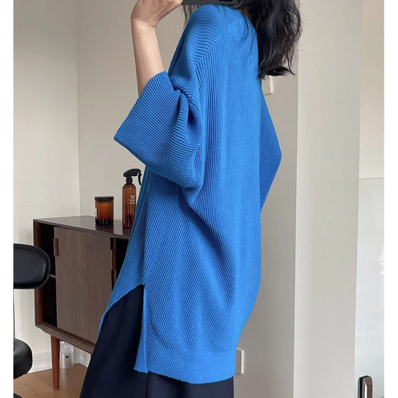 Fashion Thin Split Hem T Shirt Tops Summer Half Sleeve V Neck Solid Loose All-match Pullovers Street Casual Trend Women Clothing