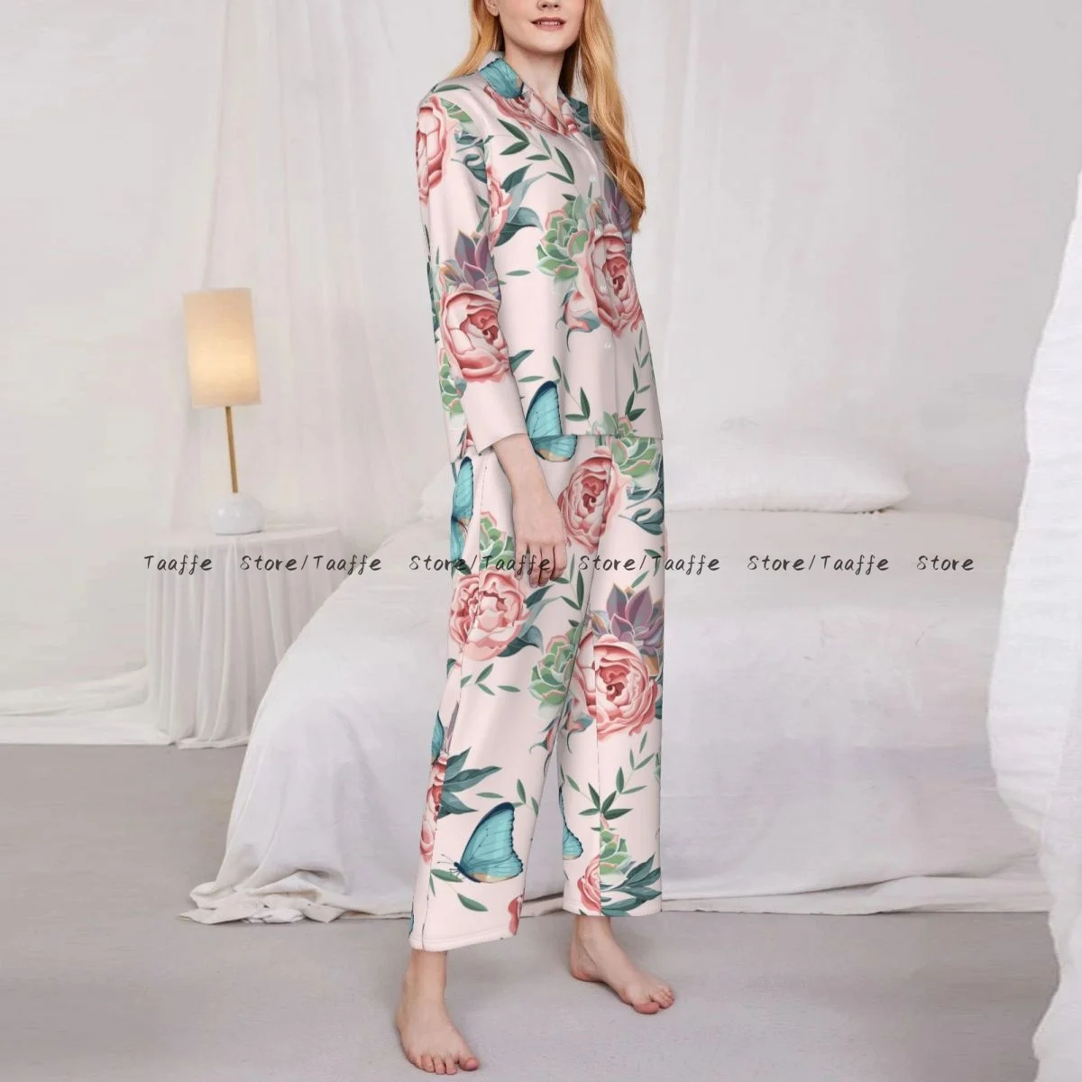 Women's Pajamas Long-sleeved Girl Loungewear Two-piece Set Watercolor Rose Flower Pajamas for Autumn Spring