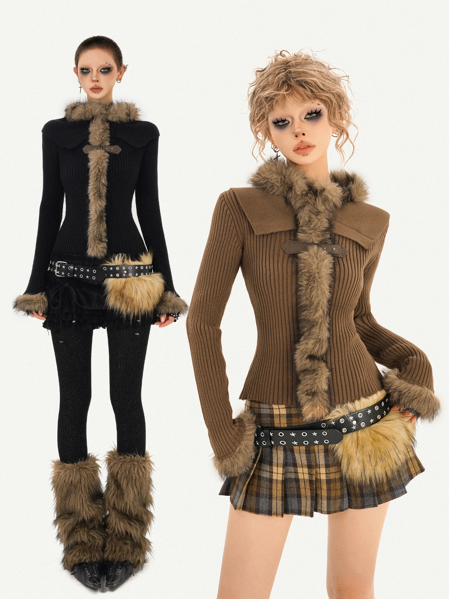 

Nico Molly Spicy Girl Retro Fur Collar Knitted Sweater Women's Slimming Faionable Top for Autumn Winter Daily Wear