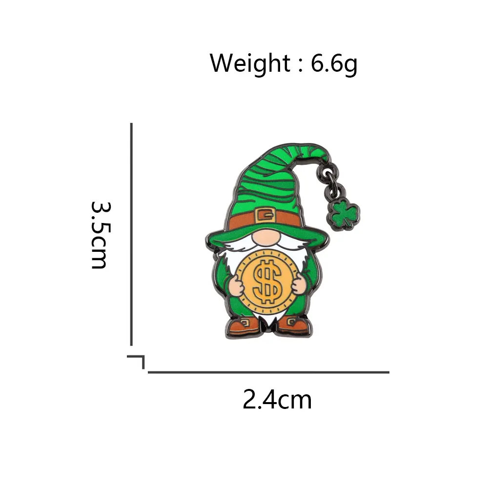 St. Patrick's Day Glücksbringer Grüner Kobold Emaille-Brosche Fee mit Goldmünze und Kleeblatt-Design Abzeichen Irland Festival Geschenk – Detail 3