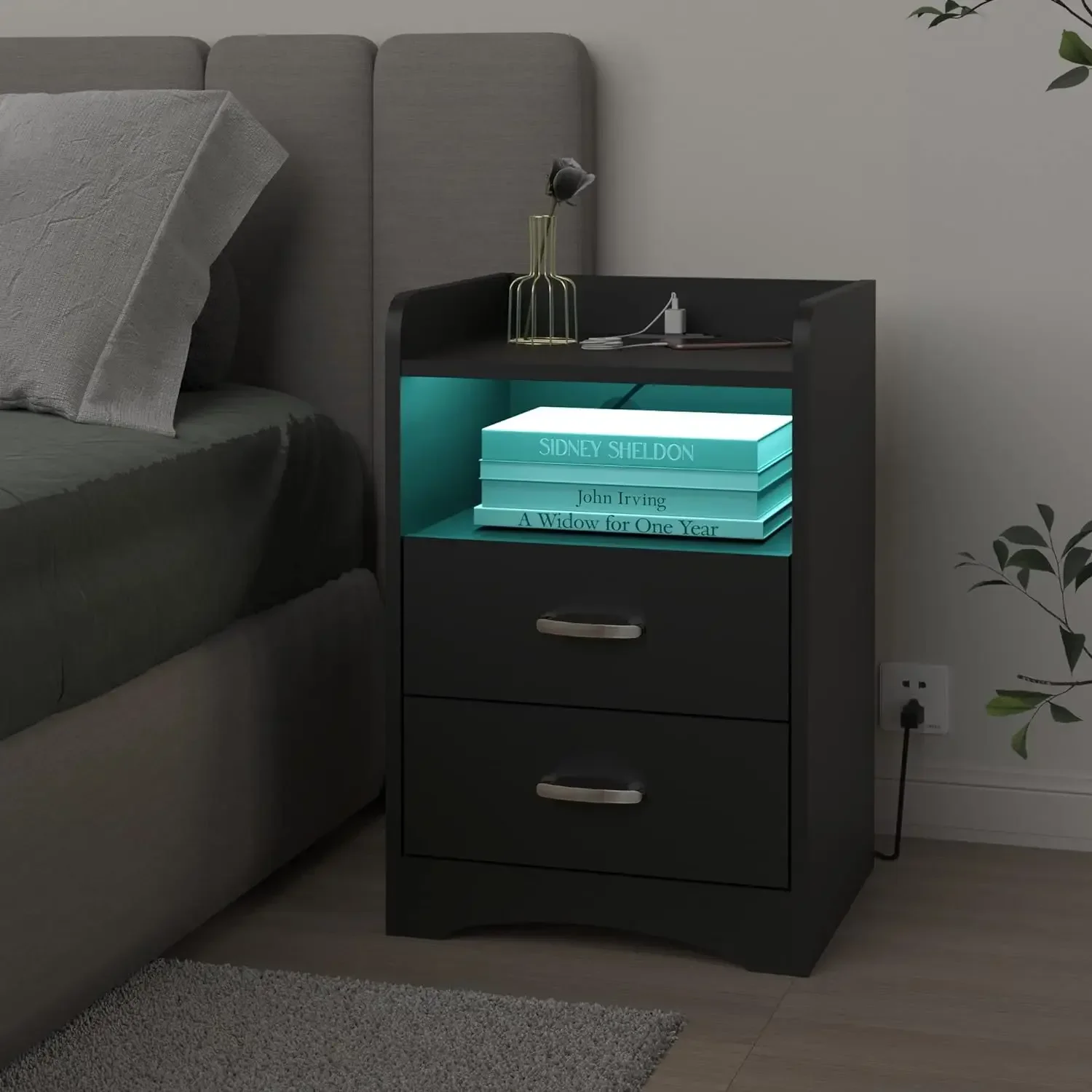 

# Для тумбочки с зарядной станцией и светодиодной подсветкой, современный торцевой столик с 2 ящиками и USB-портами, прикроватные тумбочки (черный/белый)