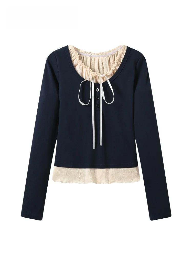 

plus Size Long Sleeve T-Shirt Women's Spring New Style Padded Fake Two-Piece College Style Meat Concealing Top for Plump Sister