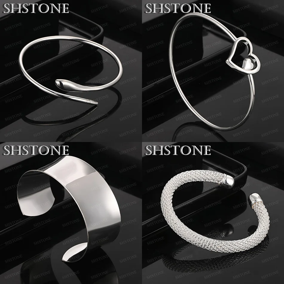 

Fashion Trend 925 Sterling Silver Heart Mesh Half Circle Round Bangle Lady Pretty Engagement Wedding Party Charm Jewelry