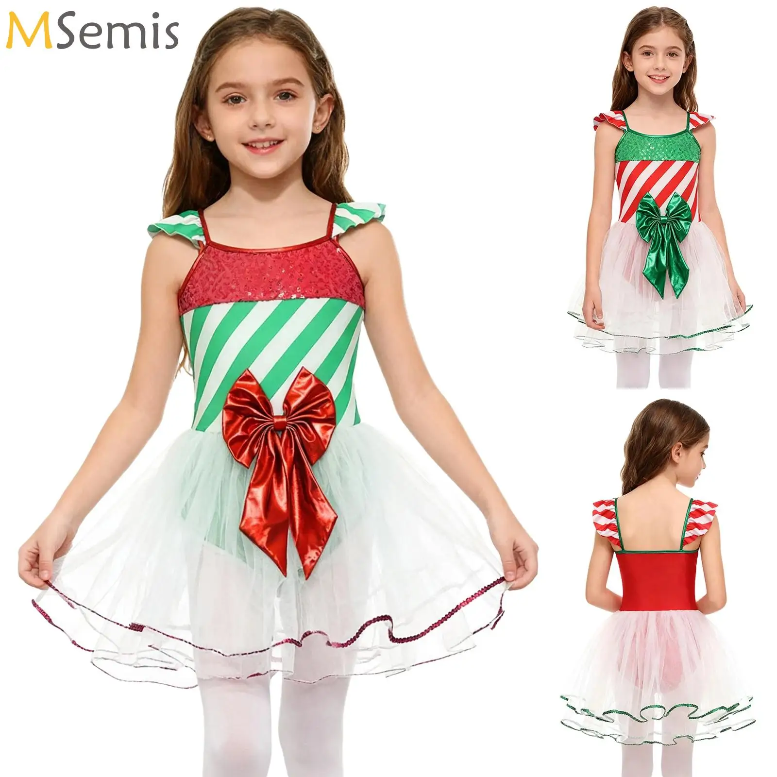

Girls Christmas Elf Cosplay Costume Teens Sequins Stripes Bow Knot Tutu Dress Figure Skating Gymnastics Performance Dancewear