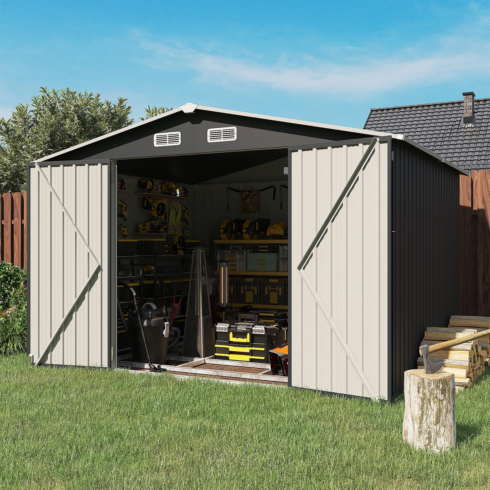 Aoxun 9.6’x7.8’  Outdoor Steel Utility Tool Metal Storage Shed with Lockable Doors for Backyard, Garden, Lawn and Patio, Black