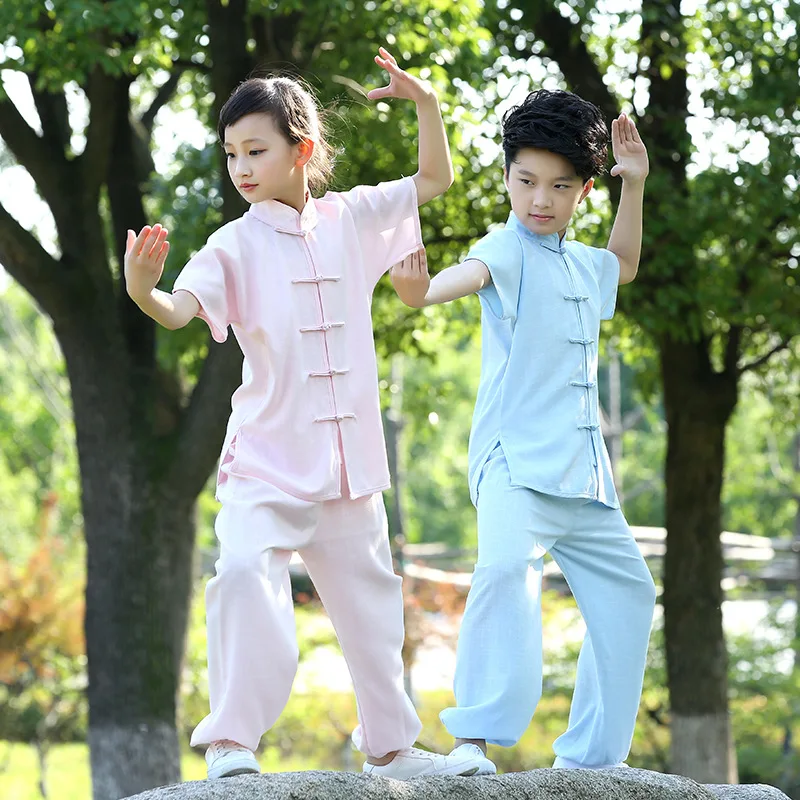 6 kolorów chińskie tradycyjne odzież Kung Fu moda Unisex Taichi jednolite dzieci dorosłych sztuk walki Wushuset bawełna lato stałe