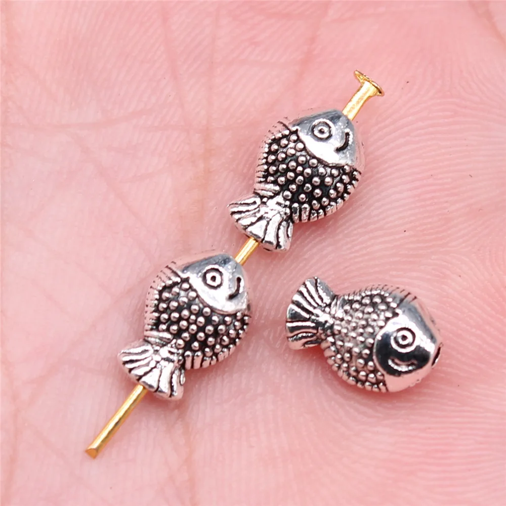 40pcs 12x7mm(0.47x0.28inch) Antique Silver Color Fish Beads Zinc Alloy Materials Jewelry Making