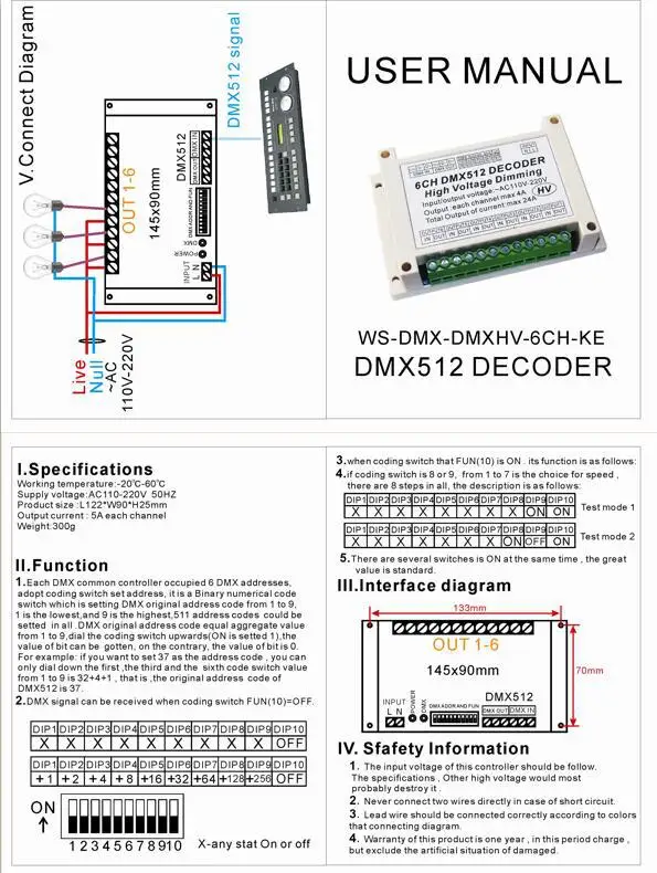 High Voltage 6CH DMX512 Decoder 6 Channels DMX 4A/CH HV Decoder Dimmer Board AC110V - 220V Dimming For Incandescent Lights Bulb