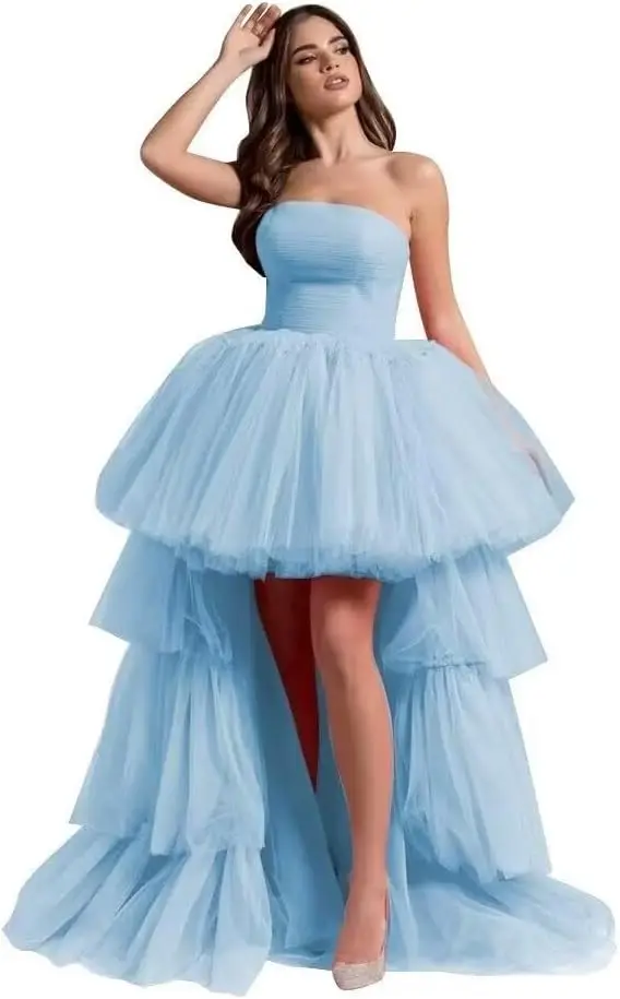 

High Low Tulle Prom Dresses Long Strapless Tiered Formal Dresses A Line Evening Dress with Train party dresses women evening