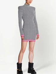 TOP QUALITY Newest 2024 Designer Fashion Women's Long Sleeve Geometric Monogram Knit Dress