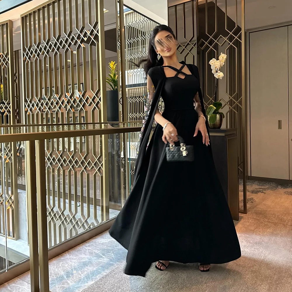 

Customized Square Collar Black Jersey Evening Dress Sleeveless Pleat Appliques Party Dress A-line Ankle Length Prom Gown