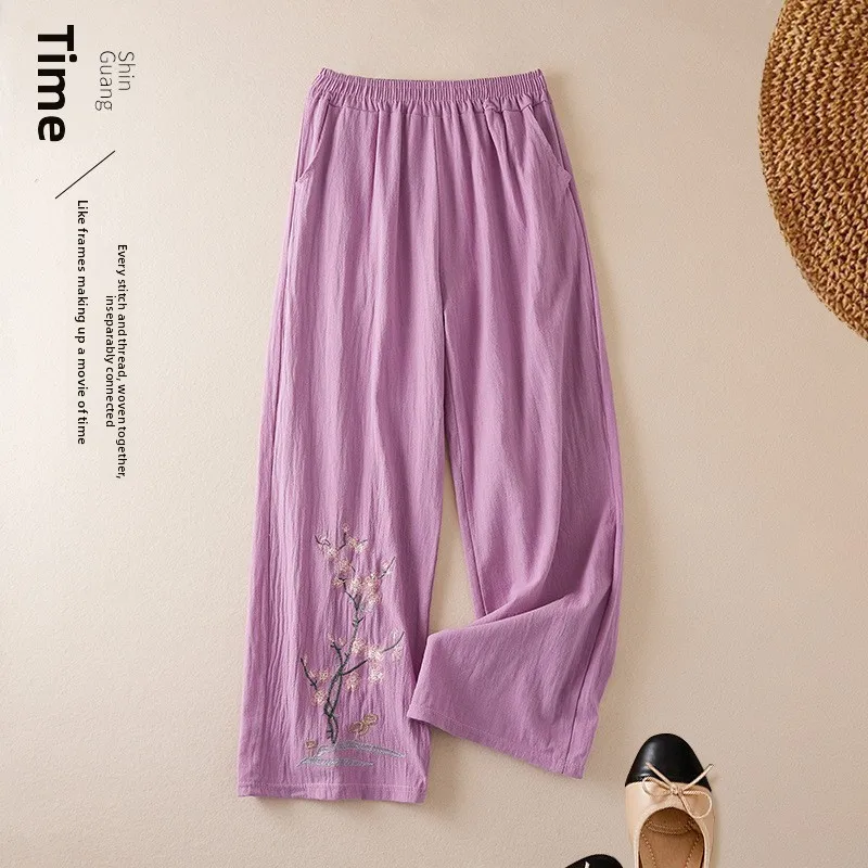 Große Baumwoll-Leinen-Hose, bestickt, weites Bein, lockere Passform, Sommer-Freizeithose für Damen, Retro-Stil, ethnisches Muster