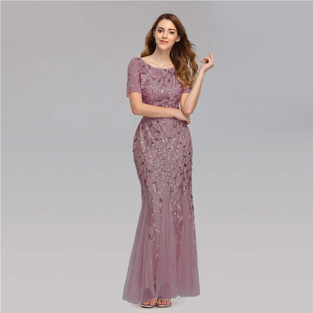 

Customized Mother of The Bride Dresses Women's Formal Dress Illusion Short Sleeve Crew Neck Sequin Applique Tulle Evening Dress