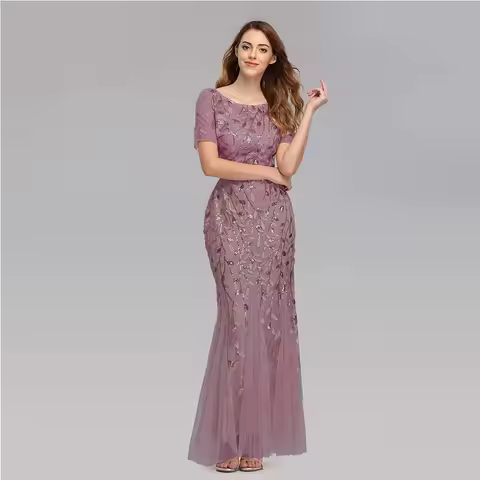 Customized Mother of The Bride Dresses Women's Formal Dress Illusion Short Sleeve Crew Neck Sequin Applique Tulle Evening Dress