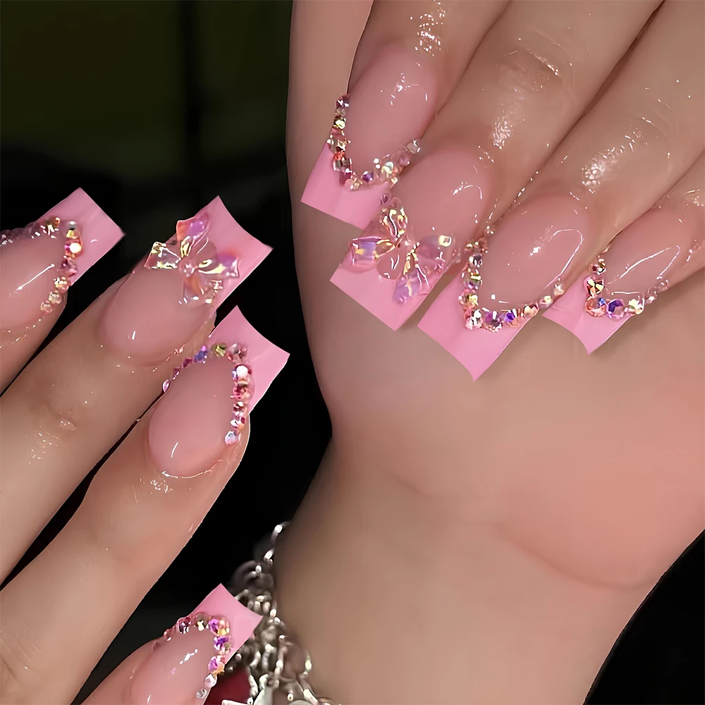 Eleve su estilo con, 24 unids/set cuadrado rosa francés prensa en uñas punta arco 3D con diseño de diamantes de imitación uñas postizas acrílicas, Con