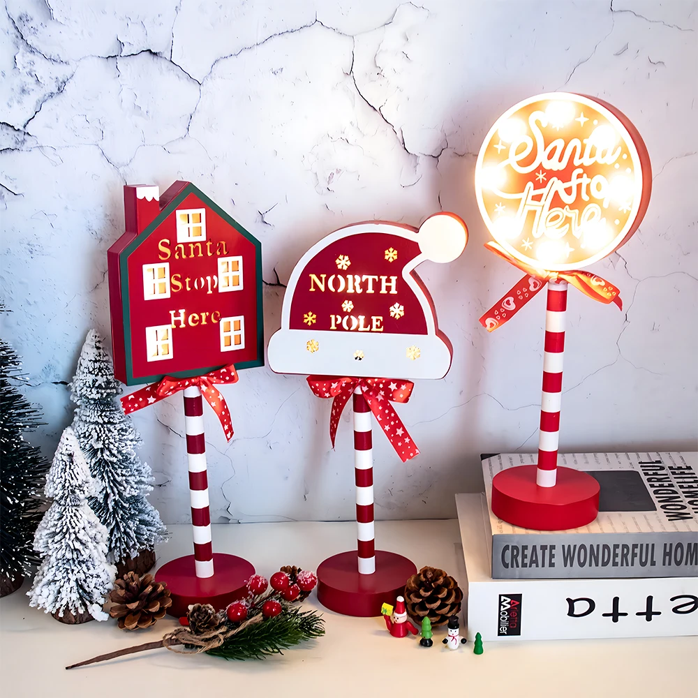 Christmas Street Sign Lights Santa Stop Here LED Lights Christmas Vintage Desktop Guideboard LED Ornaments New Year Xmas Gift