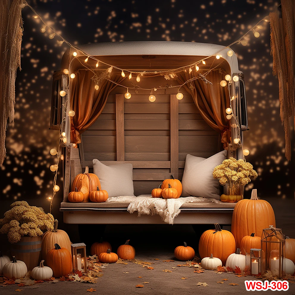 Autumn Pumpkin Truck Backdrop Harvest Hay Fall Forest Maple Leaves Photography Background Thanks-Giving Day Party Banner