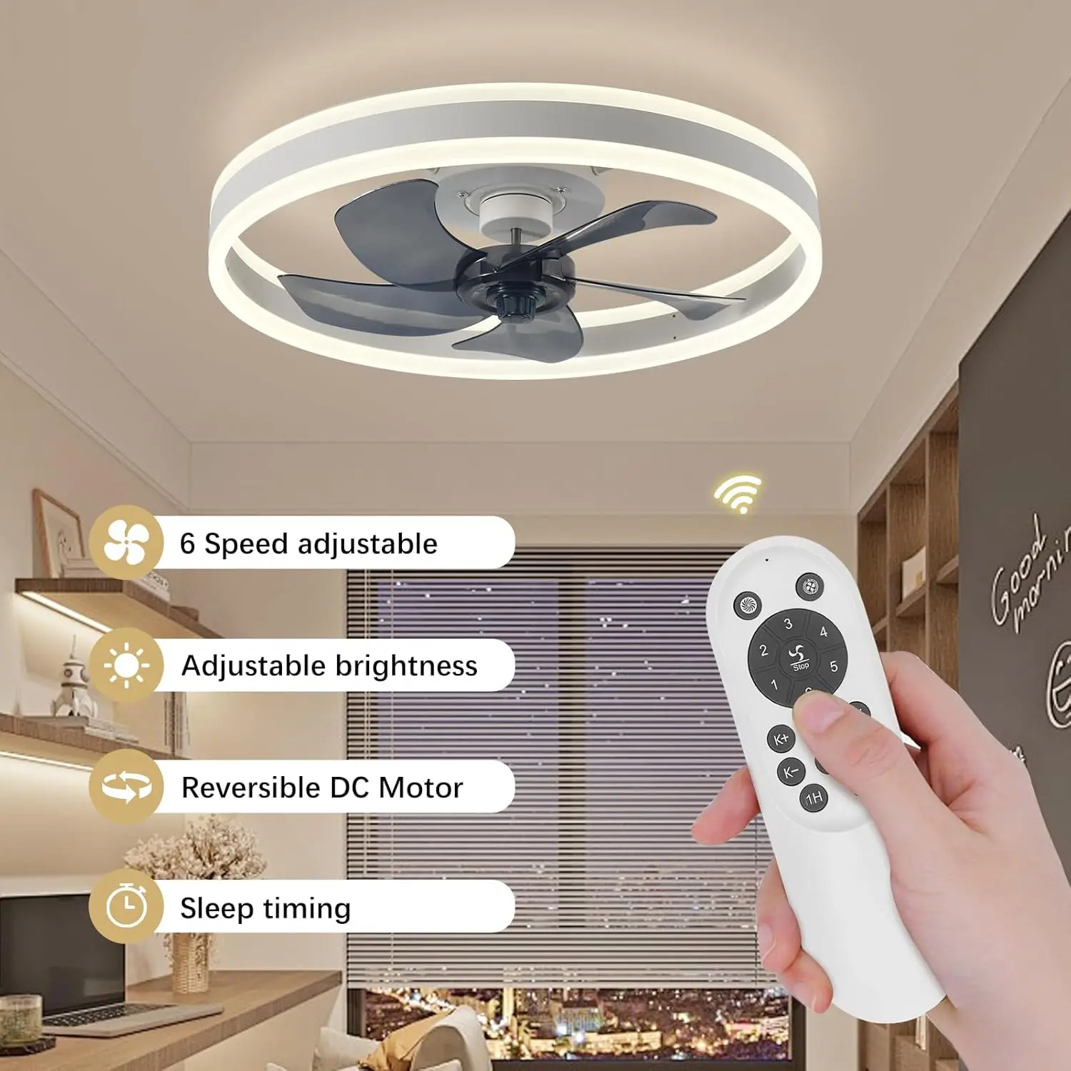 

Low Profile Ceiling Fan with Light,6 Speeds and Dimmable,Flush Mount Ceiling Fans with Lights for Bedroom, Living Room,White