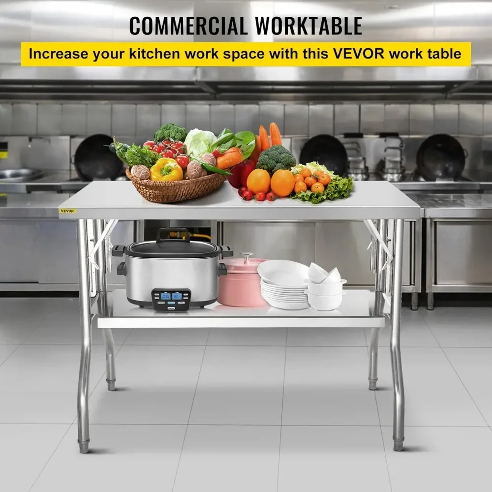 Folding Commercial Prep Table, Heavy-duty Stainless Steel Folding Table with 772 lbs Load, Kitchen Work Table, Silver