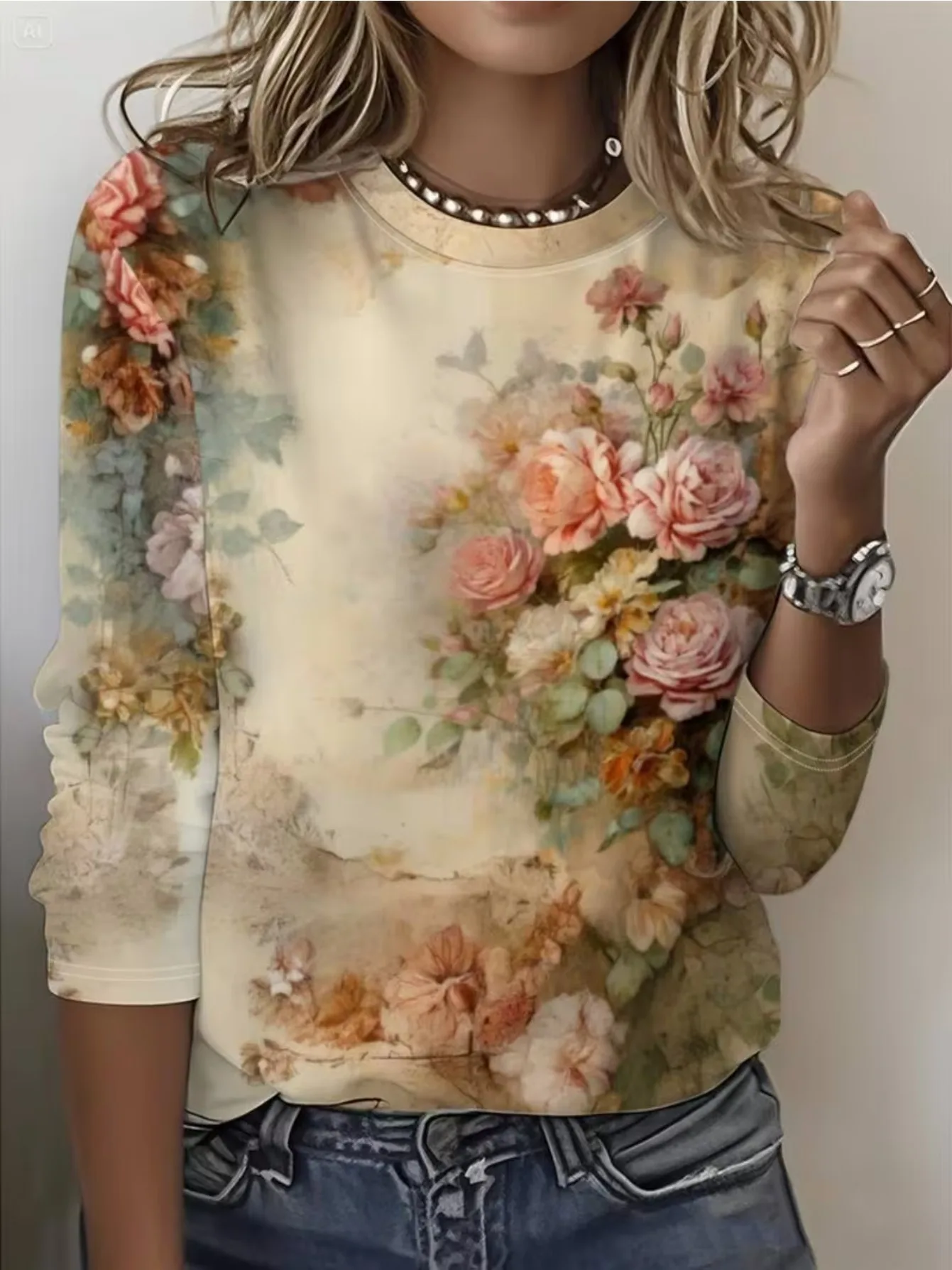 - Women'S Long Sleeve T-Shirt with Lively 3D Pink And White Floral Design - Comfortable Crew Neck Top, All-Over Floral Print, Machine Washable, Casual Outings And Parties, Ideal for Spring And Autumn, Versatile Flowy Style