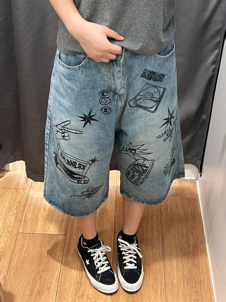 

American Street Sle Men's orts Summer Trendy fiti Denim Mid-Waist Loose Wide-Leg Straight-Cut Jeans Youth Faion