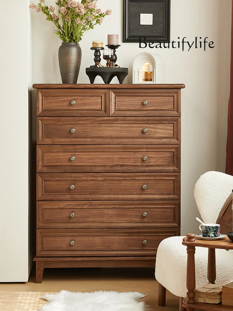 American Retro Solid Wood 7-Drawer Cabinet European Entry Lux North America Black Walnut Storage Side Cabinet