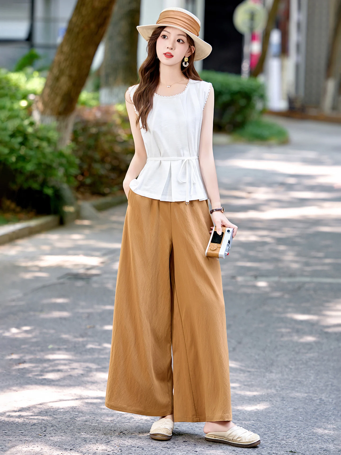 ファッショナブルなラウンドネックベストとハイウエストワイドレッグパンツのツーピースセット、韓国風シンプルサマー新作レディース