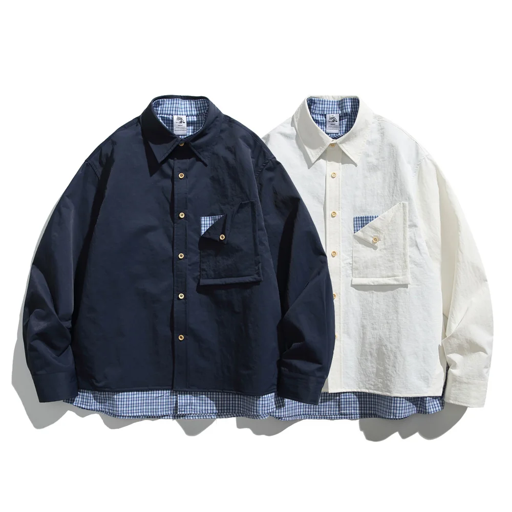 

Splice Plaid Long Sleeve Shirt Men Streetwear Fashion Vintage Loose Casual College Style Boys Girls Fashion Cargo Shirts Blouses